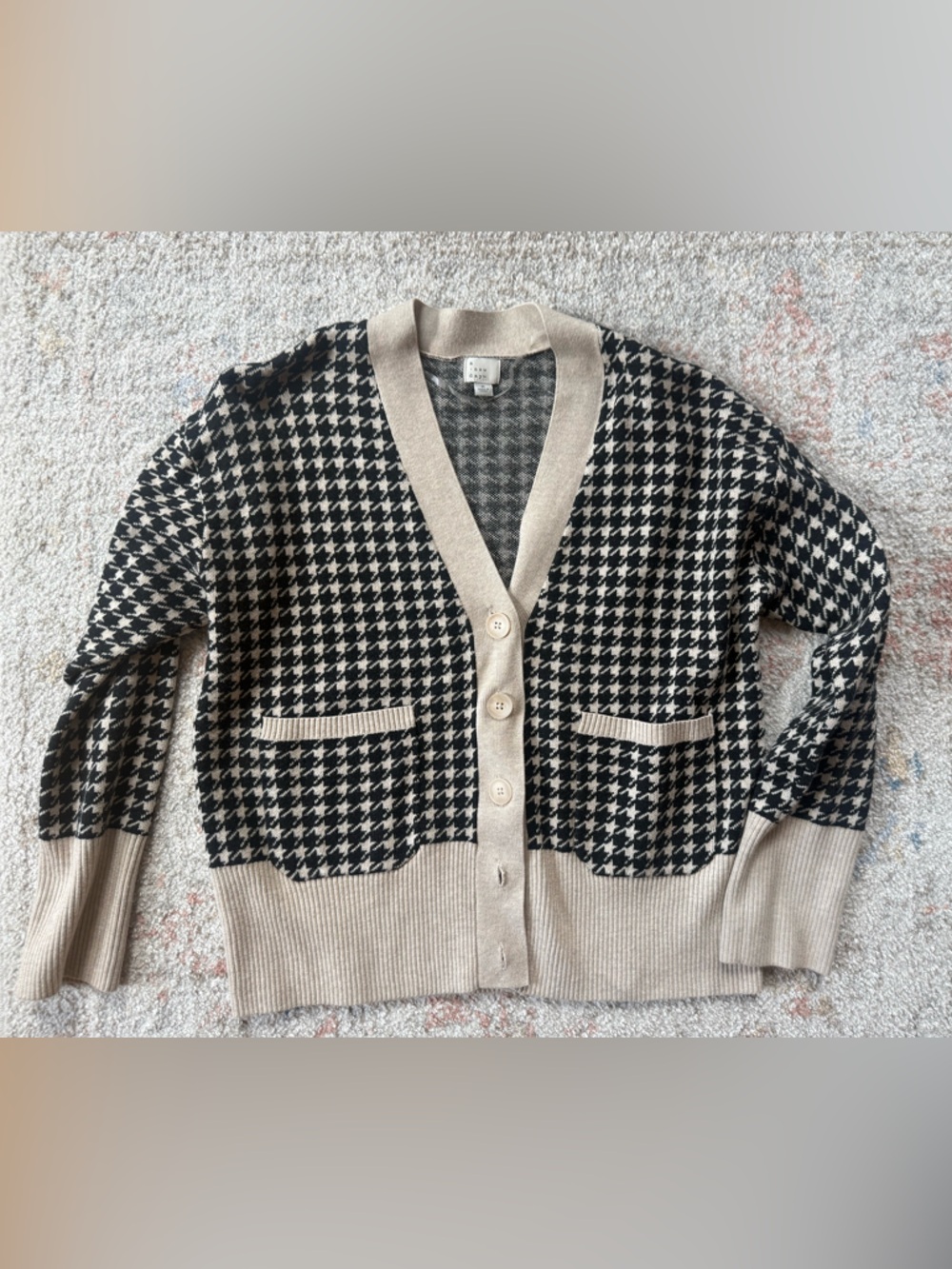 a new day Beige and Black Houndstooth Off-Shoulder Sweater Cardigan